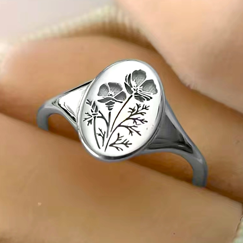 New Minimalist Bohemian Orchid Sterling Silver Signet Floral Engraved Ring - Picture 5 of 15